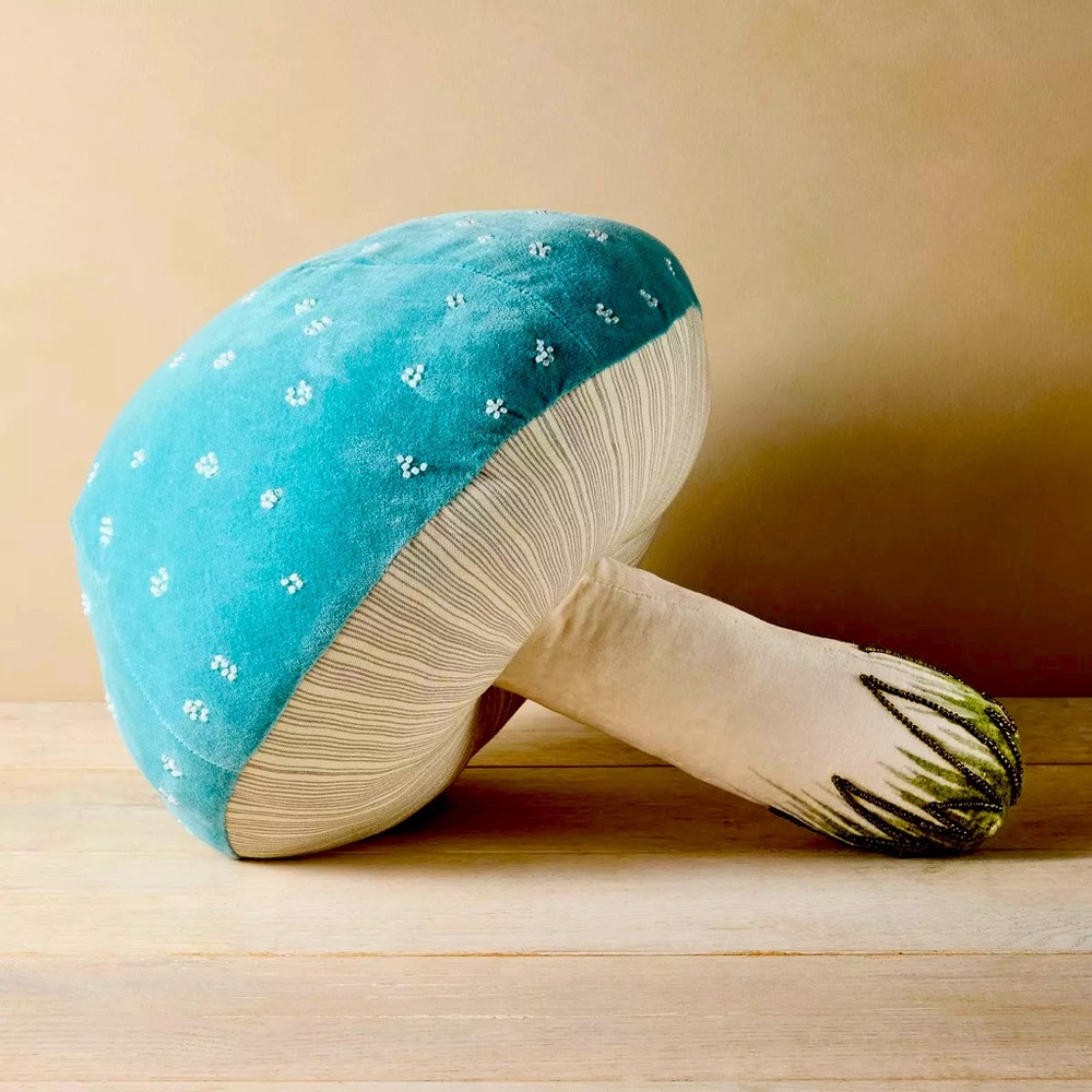 NWT John Derian Mushroom Pillow 🍄 Cottagecore Toadstool 🩵 Blue w beaded detail